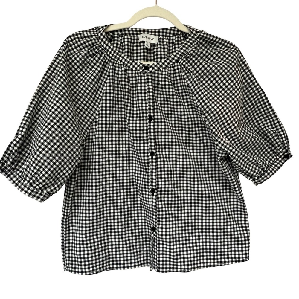 Evereve Cheyenne Black and White Gingham Puff Sleeve Blouse Size Small
